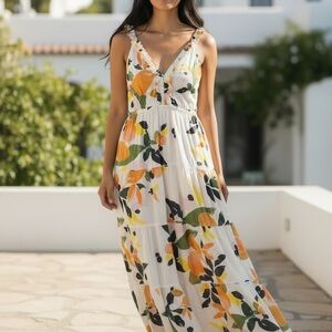Roller Rabbit White Maxi Dress with Orange and Green Floral Print